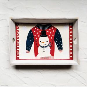 Leseni pladenj - Modri pulover s snežakom